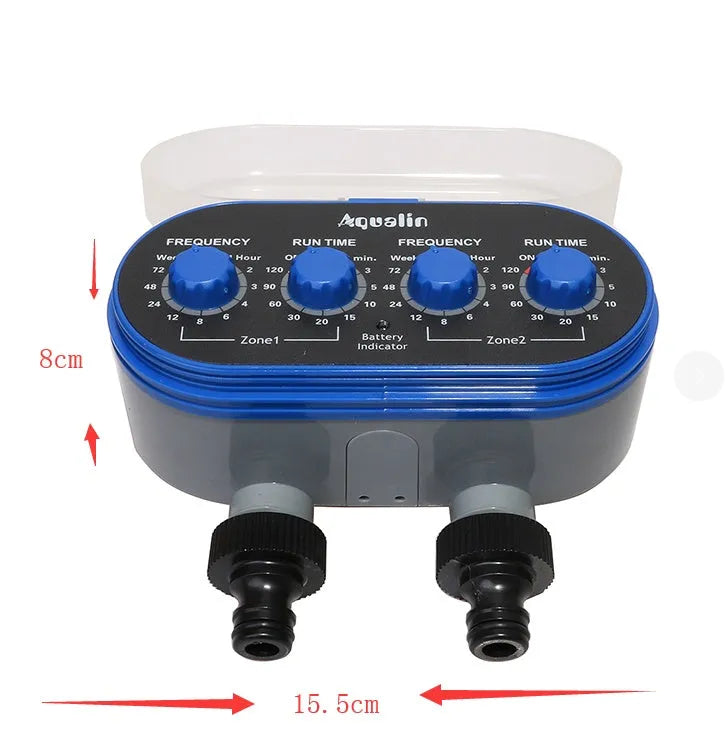 Dual timed irrigation controller for automatic garden watering with battery compartment and hose connections