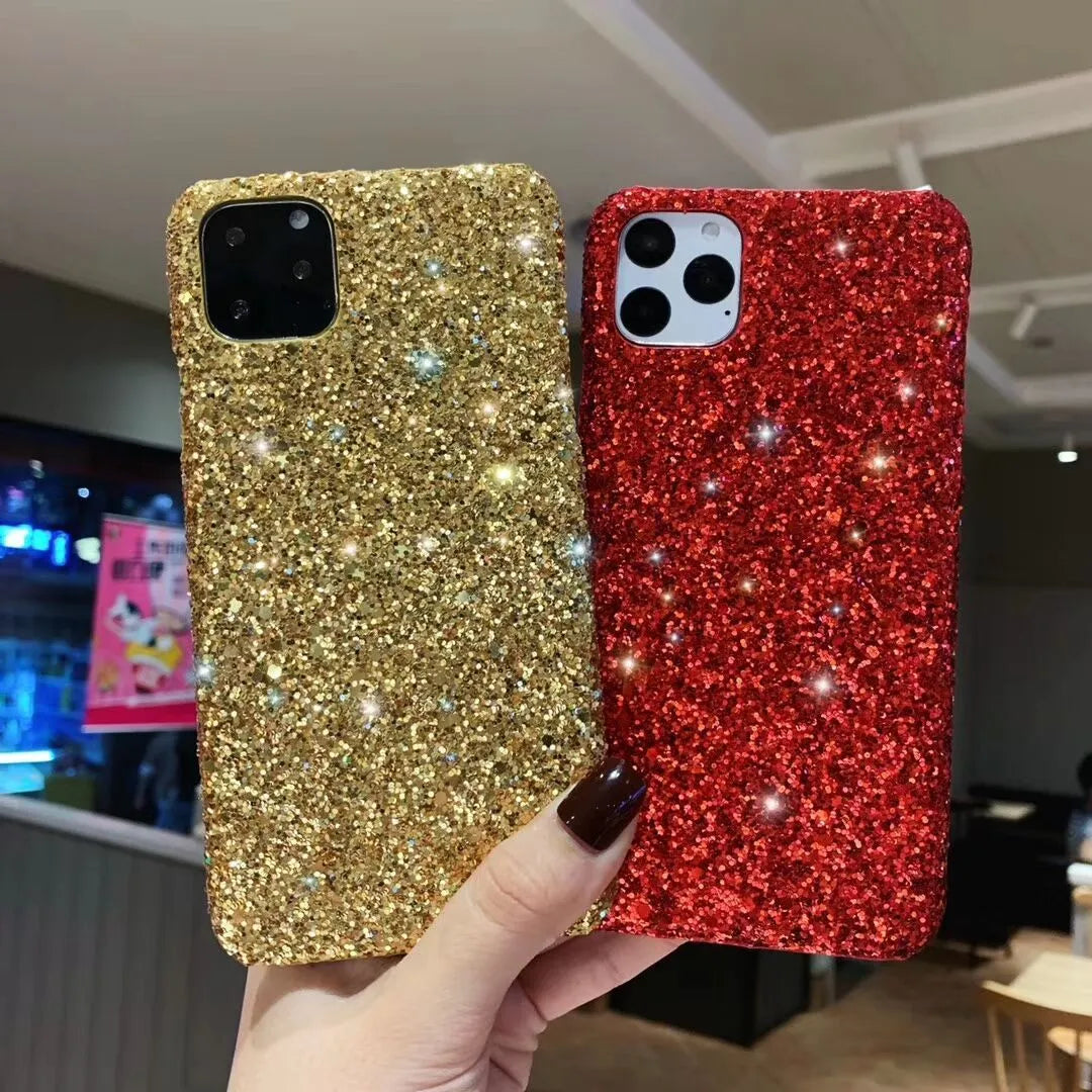 Glitter sequin back cover phone case for iPhone 11, X, XR, 7, 8, 6, 6S – pink colour with raised camera frame