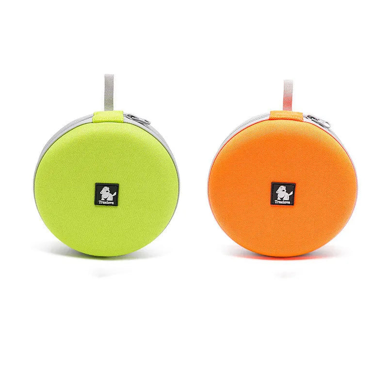 Pet Out kettle dog food bowl set in green showing two 15cm bowls for water and food, with closed Frisbee mode