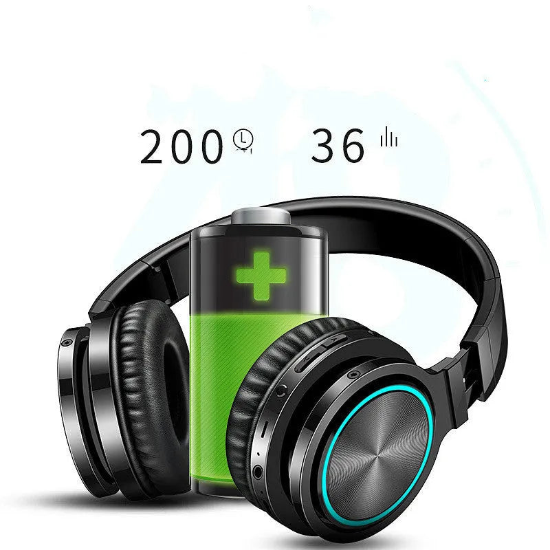 B12 wireless folding headset shown in black colour, demonstrating its folded compact state and head-mounted design.