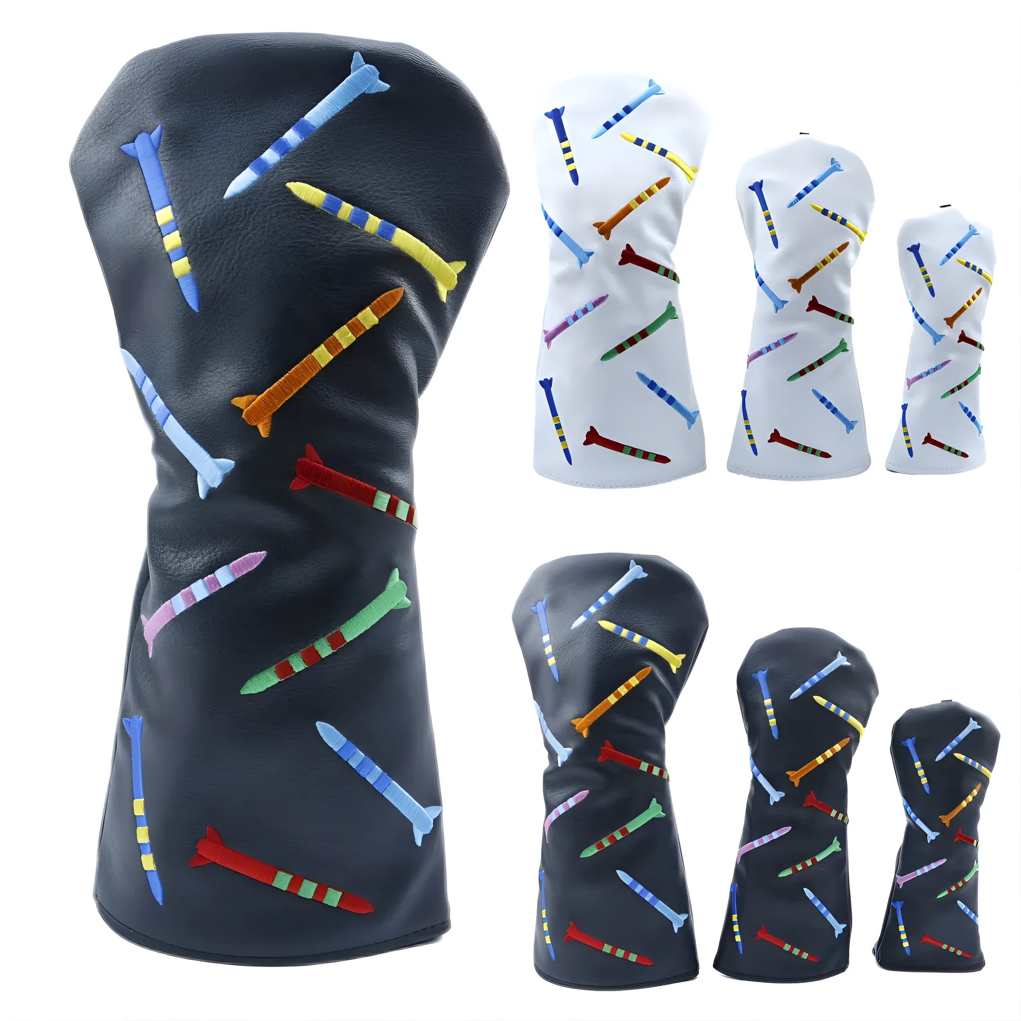 Set of three wooden golf practice clubs in black, showing large, medium, and small sizes on grass.