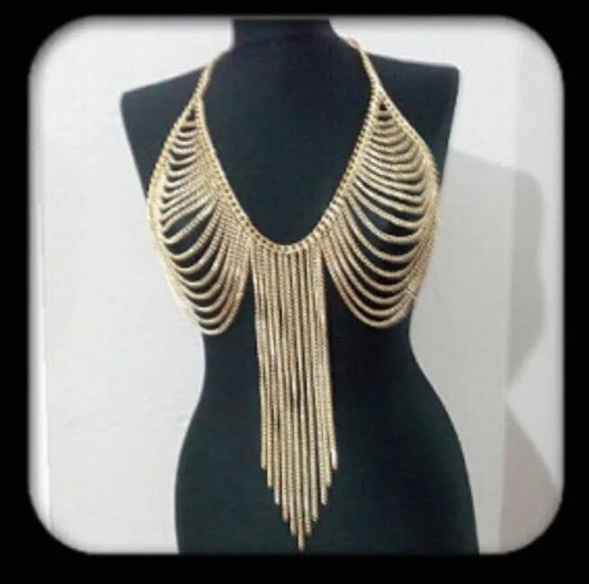 Gold alloy chest chain tassel body chain with electroplated geometric design for women