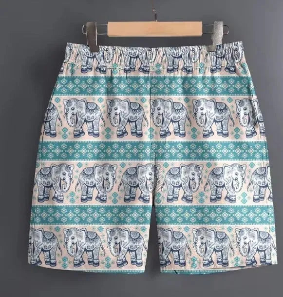 Men's polyester sports shorts showing multiple pattern options including stripes, plaids and camouflage designs