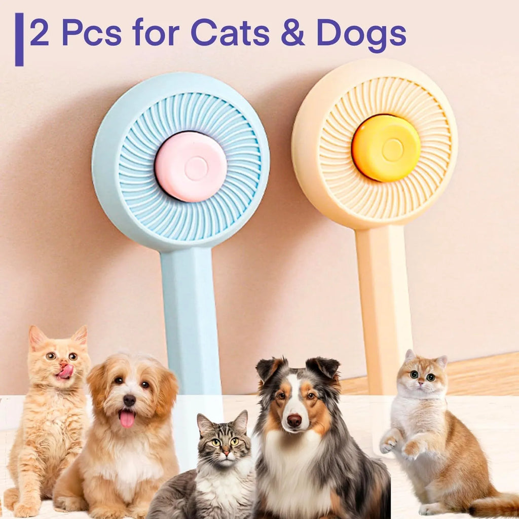 Blue self-cleaning pet grooming brush with angled metal needles for cats and dogs