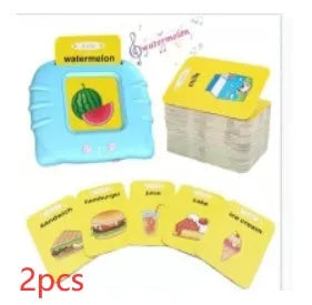 Blue children's learning machine with audiobook cards for English early education.