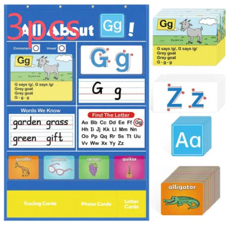 Large alphabet learning chart with word cards, letter cards, and picture cards for home education