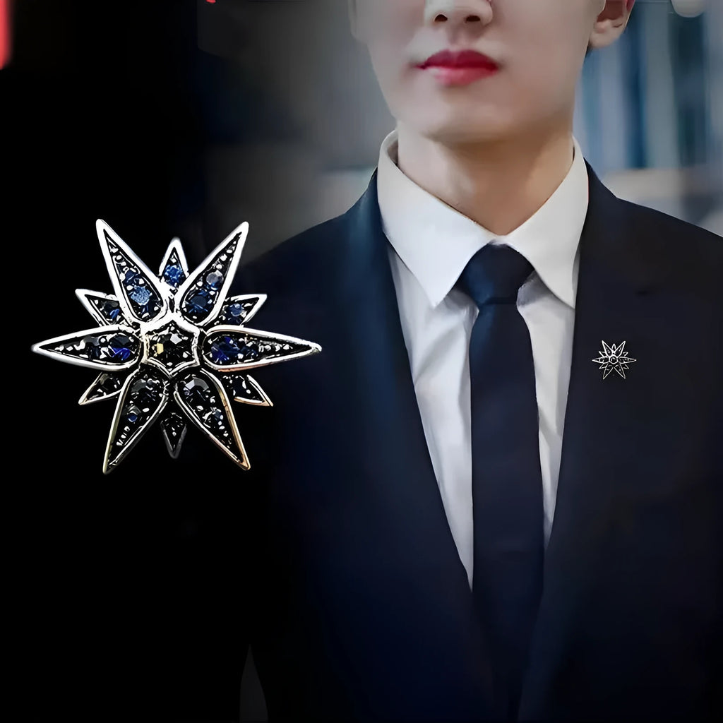 Unisex zinc alloy six-pointed star brooch with diamond-like stones in ink blue, gold, and silver options