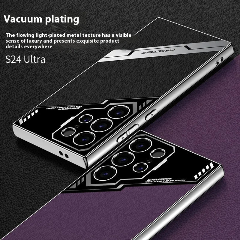 Samsung S24 Ultra and S23 Ultra phone case in electroplated TPU with leather-style finish, shown in Carbon Fibre Pattern.