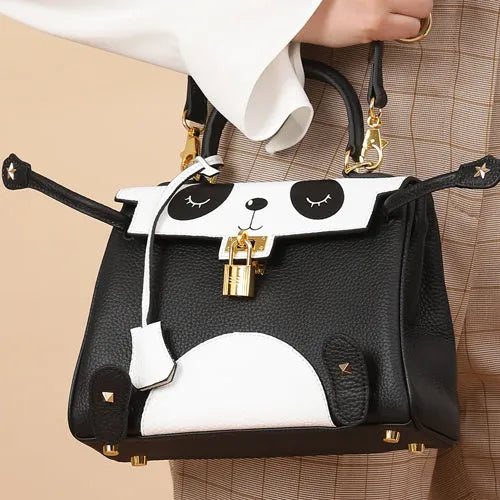 Panda print leather handbag with horizontal square shape, shown in two size options.