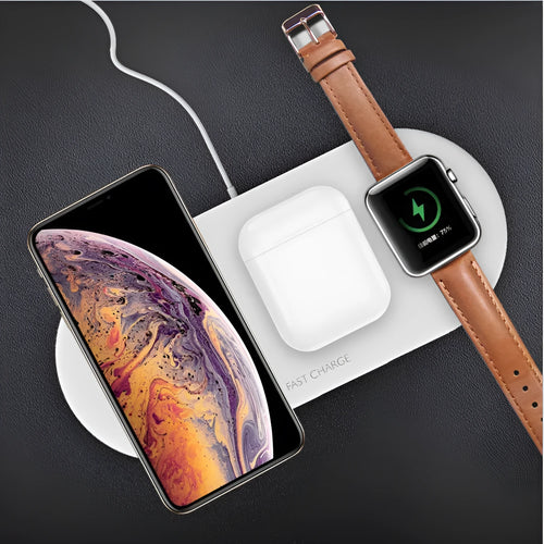 White 3-in-1 wireless charging station for Apple iPhone, watch and earbuds on a desktop