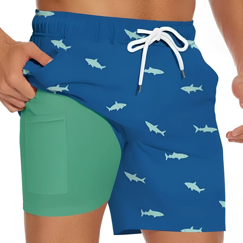 Men's black shark graphic print beach shorts with drawstring waist