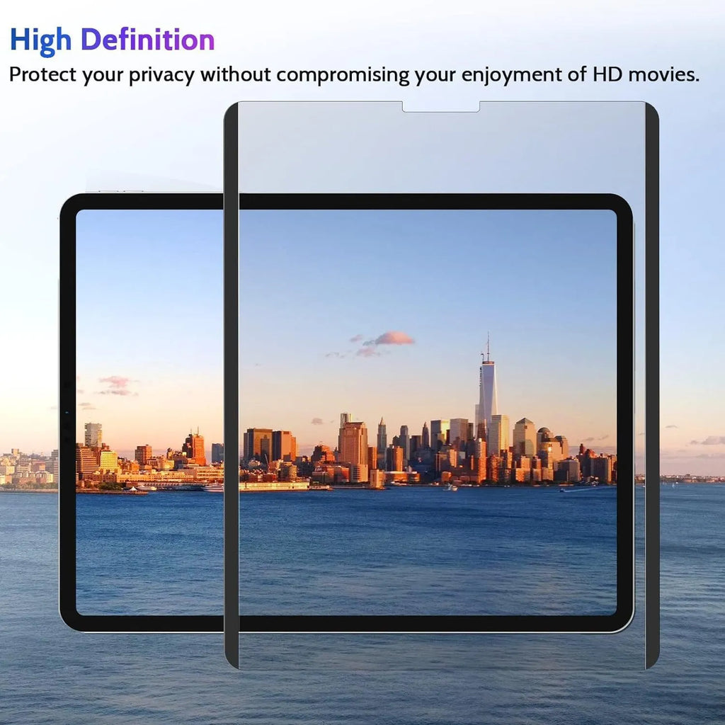 Magnetic suction iPad privacy screen protector film with storage clip on an iPad Pro.