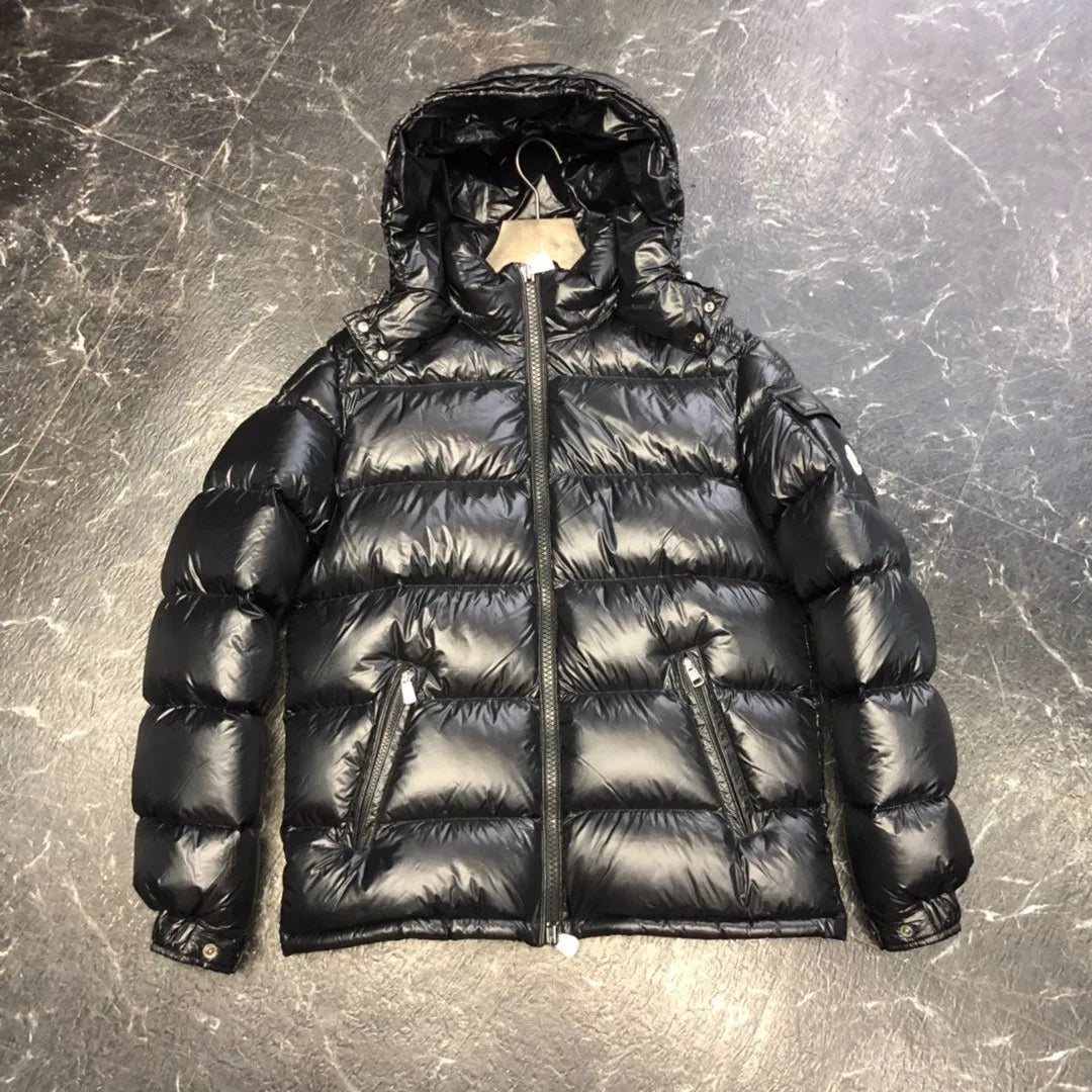 Thick down jacket for men women white duck down filling loose fit black gloss colour