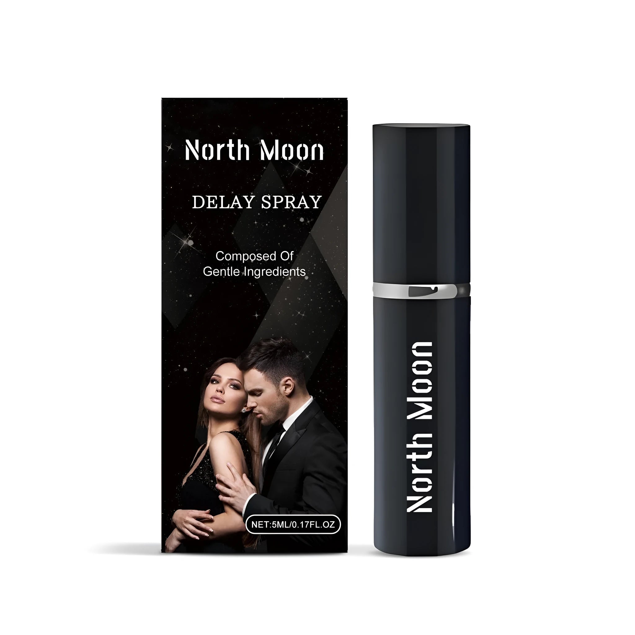 5ml bottle of men's delayed spray with spray nozzle, containing a water-based formula with ginger and turmeric extracts.