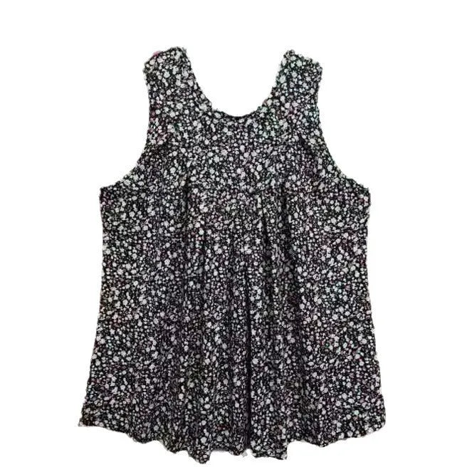 Black plus size floral print sleeveless vest on a hanger, showing loose fit and round neckline.