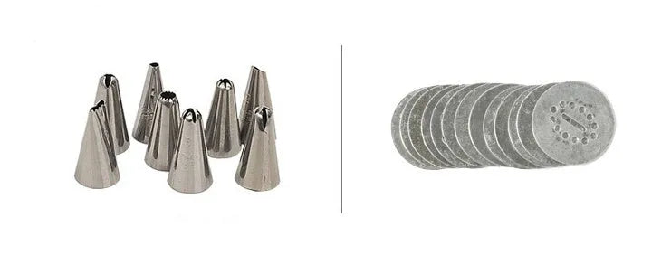 Stainless steel biscuit press gun with 13 cookie moulds and 8 piping nozzles for baking and cake decorating