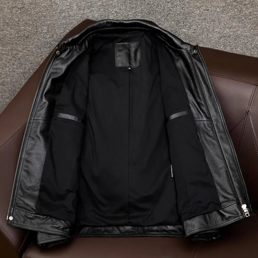 Men's brown plus size lapel leather jacket with side pockets on a hanger