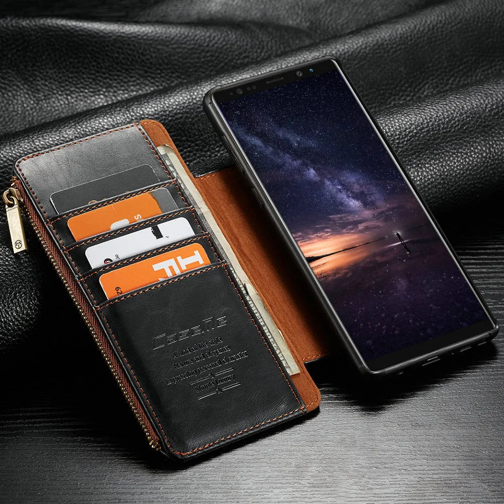 Black PU leather flip phone case open, showing it fitted on a SAMSUNG Note9 smartphone.