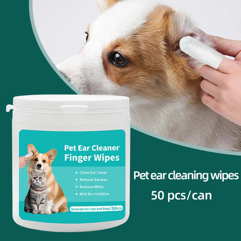 Box of disposable pet ear and tooth cleaning wipes, 50 pieces each, non-woven fabric fingertip wipes for cats and dogs