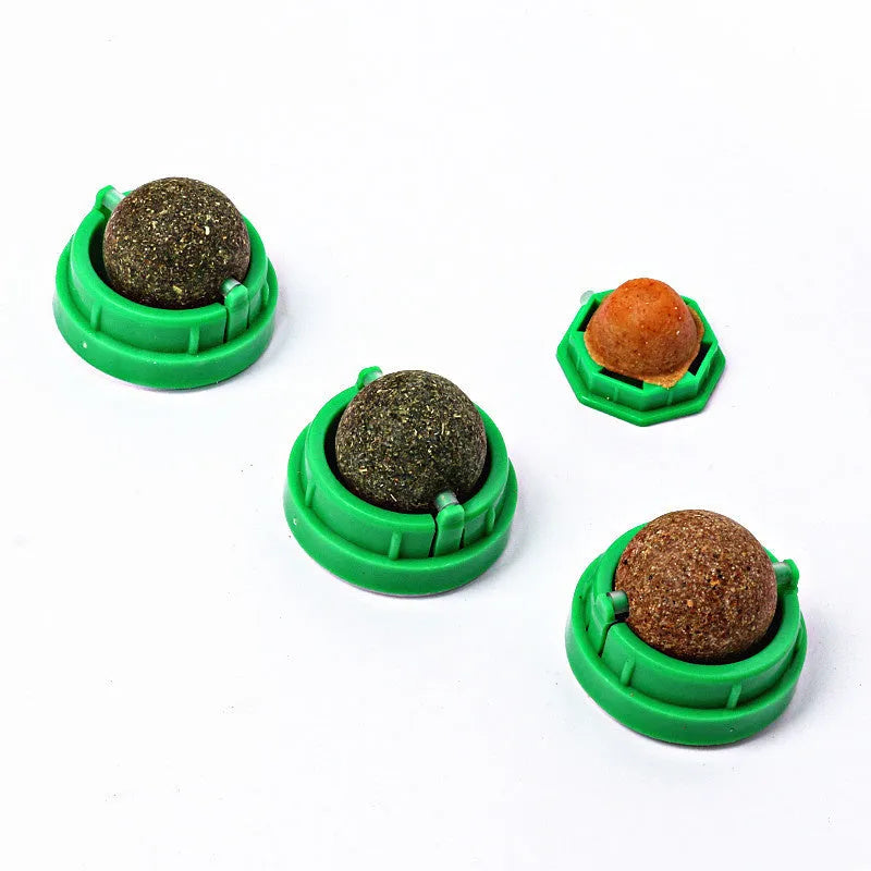 Plastic catnip ball toy in various colours with textured surface for molar teeth cleaning