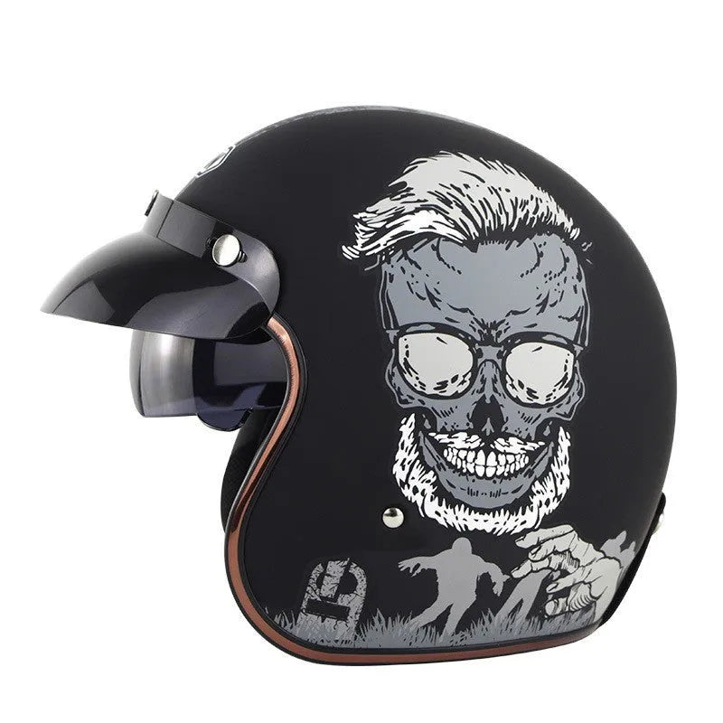 Retro-style half helmet for electric bicycles shown in a selection of colours including black, grey, white, and yellow.