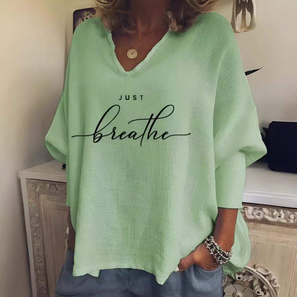 Women's V-neck long sleeve loose top with digital printing in brushed milk silk Spandex fabric