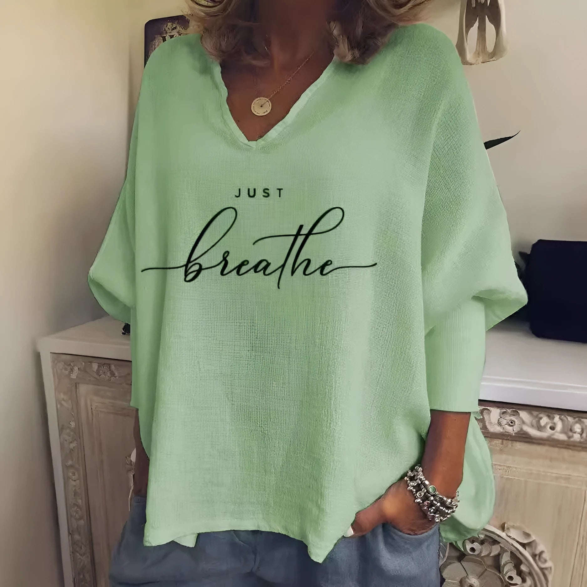 Women's V-neck long sleeve loose top with digital printing in brushed milk silk Spandex fabric