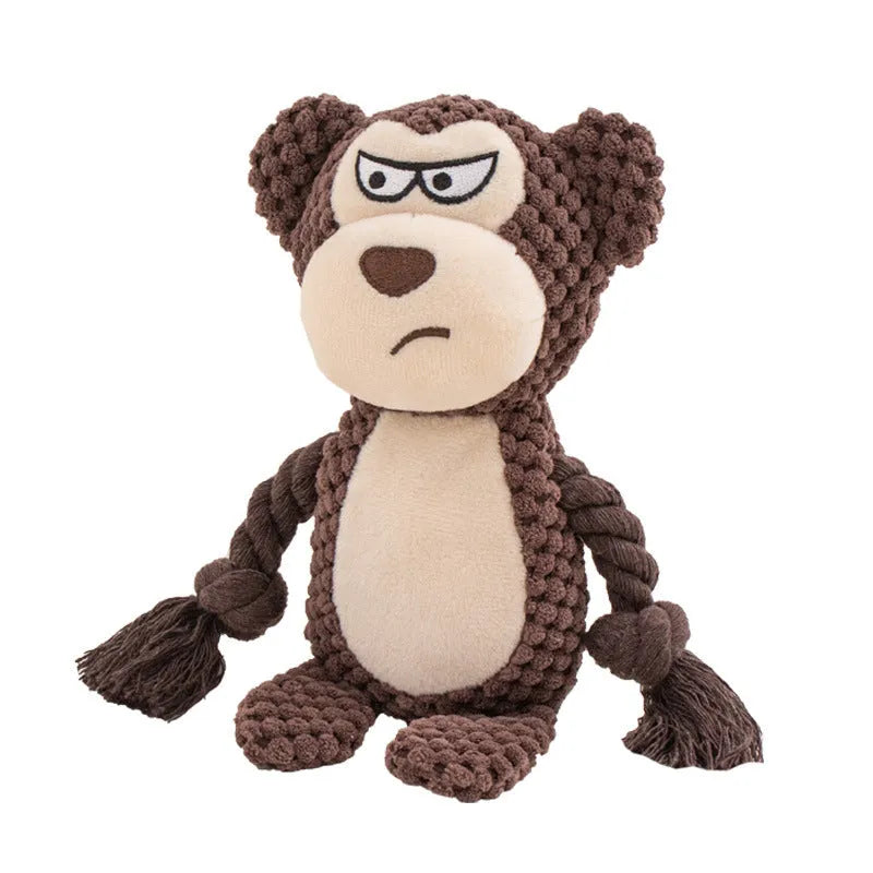 Hippo-shaped plush dog toy with cotton rope handle for tug-of-war and training.