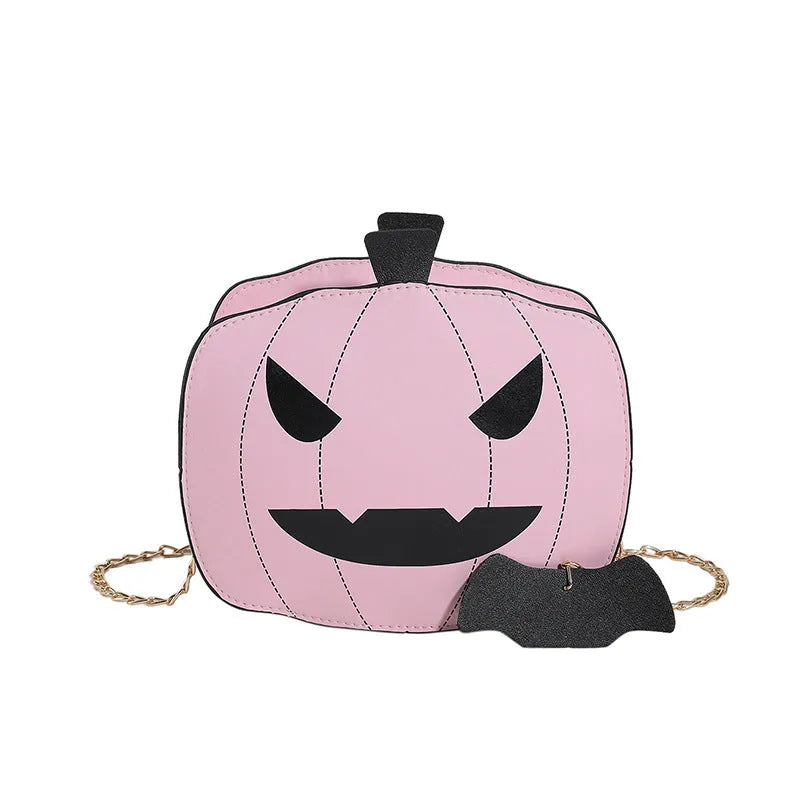 Halloween cartoon pumpkin shoulder bag for girls in colour options with chain crossbody strap on white background
