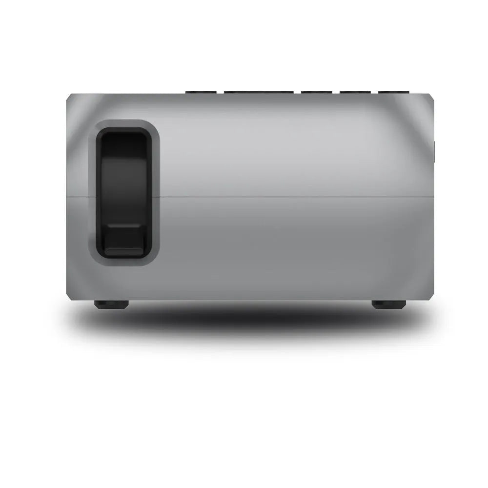 Mini HD 1080P projector with LED lens, 20-80 inch projection, black grey white, US EU style.