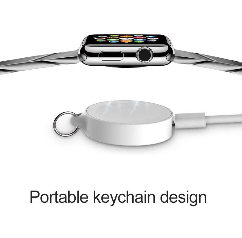 White magnetic Apple Watch charger with USB male input and circular coil base