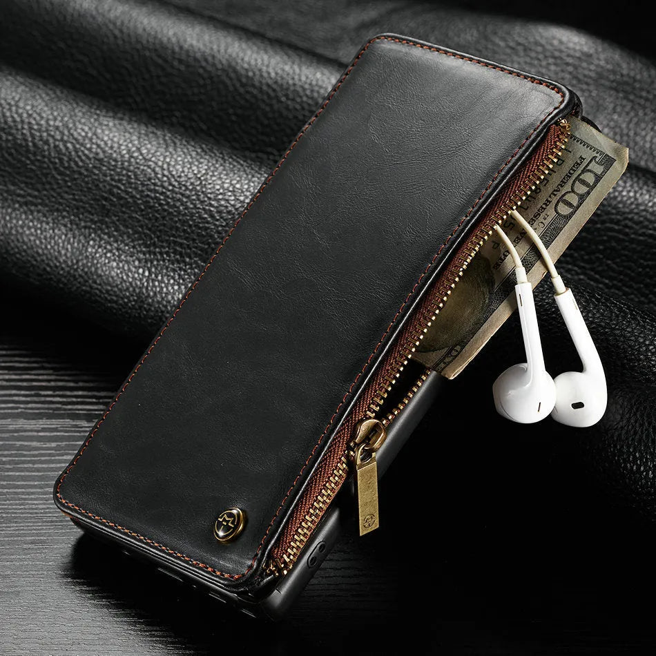 Black PU leather flip phone case open, showing it fitted on a SAMSUNG Note9 smartphone.