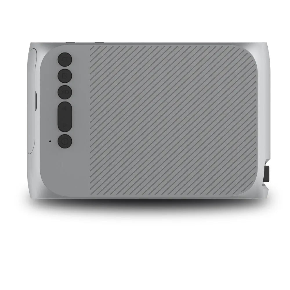 Mini HD 1080P projector with LED lens, 20-80 inch projection, black grey white, US EU style.
