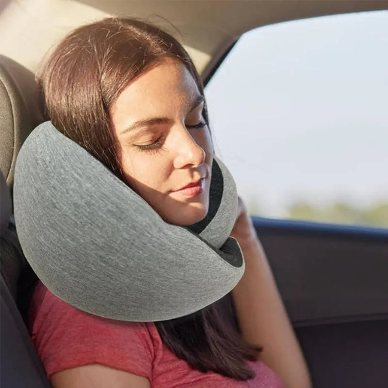 Memory foam U-shaped travel neck pillow in navy blue with buckle closure