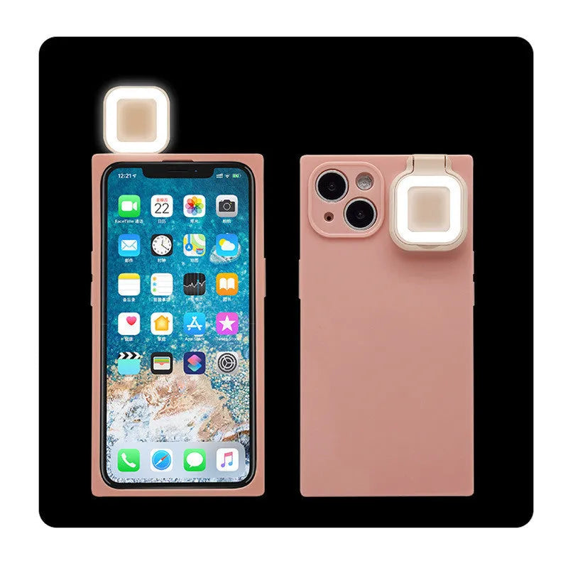 Ring flash mobile phone case for iPhone 13 in solid colour options on a pink background.