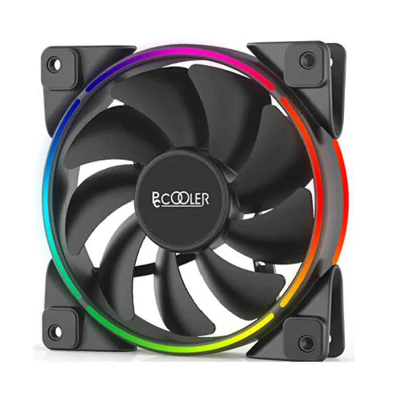 Three black 12cm RGB PC cooling fans with illuminated blades on a dark background.
