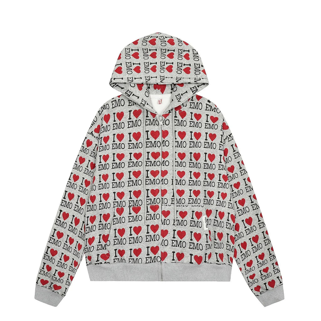 Women's melange grey hooded cotton cardigan with a retro pattern, shown on a model.