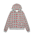 Women's melange grey hooded cotton cardigan with a retro pattern, shown on a model.