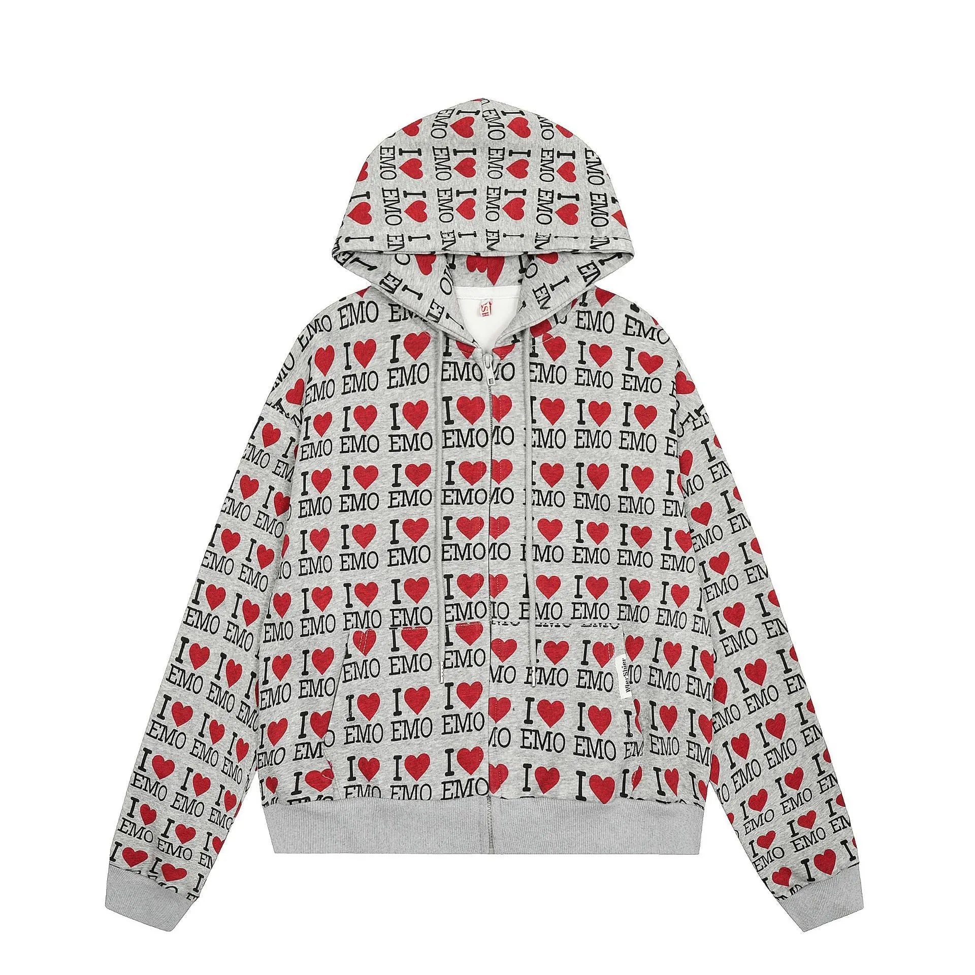 Women's melange grey hooded cotton cardigan with a retro pattern, shown on a model.