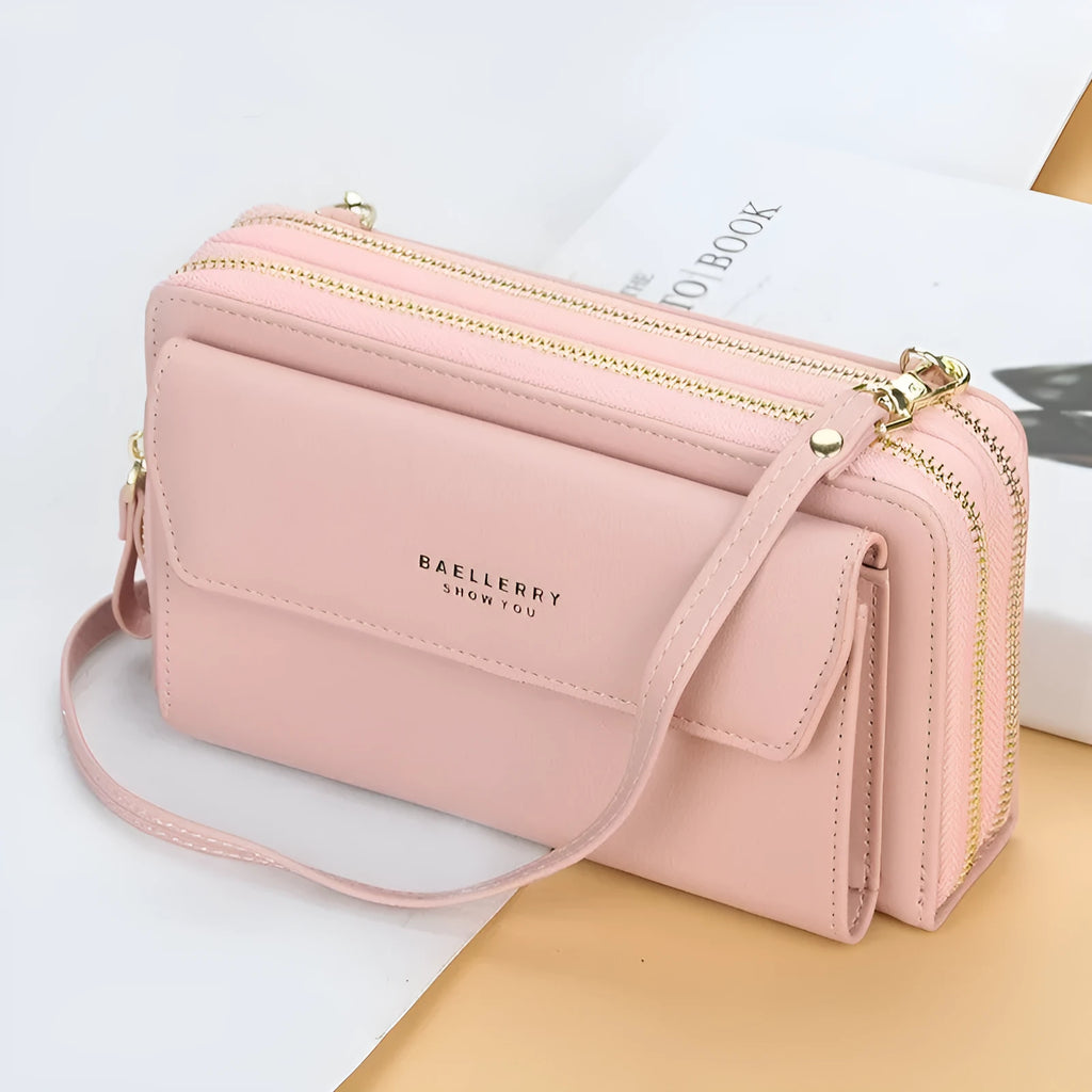 Ladies long PU leather wallet with double zipper in horizontal square design.