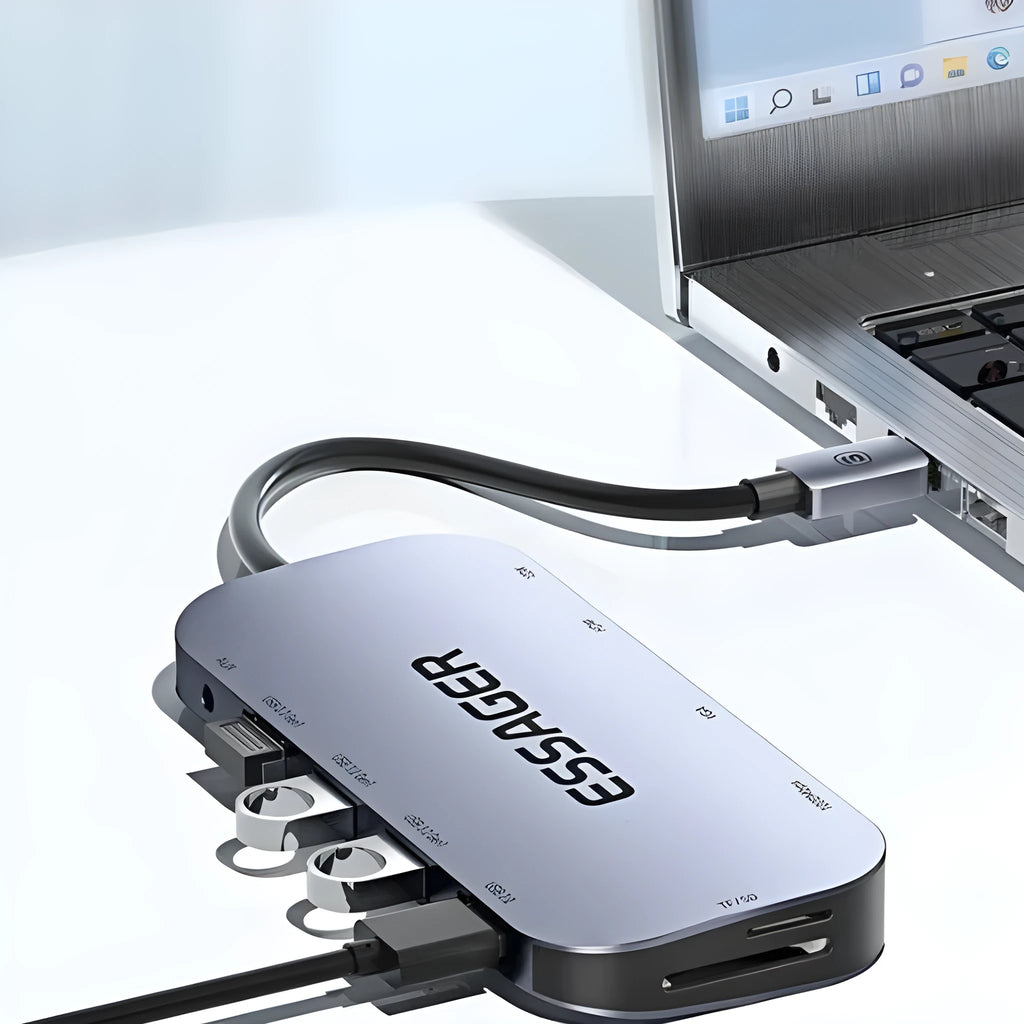 11-in-1 USB-C expansion dock hub with Gigabit Ethernet port and 20cm cable