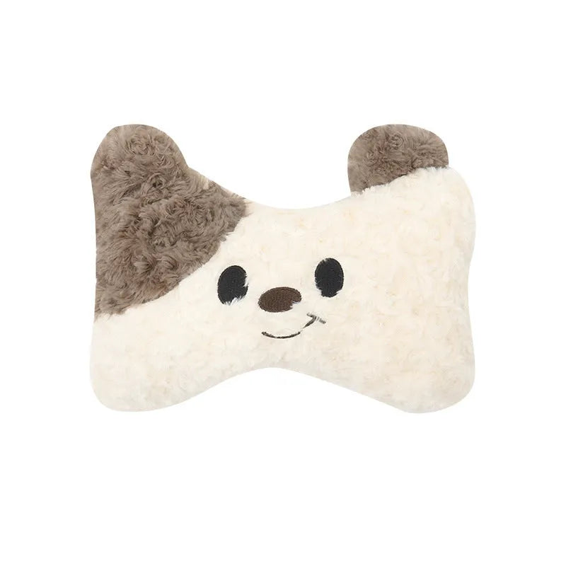 Puppy plush car headrest cushion and matching lumbar support pillow on a car seat.