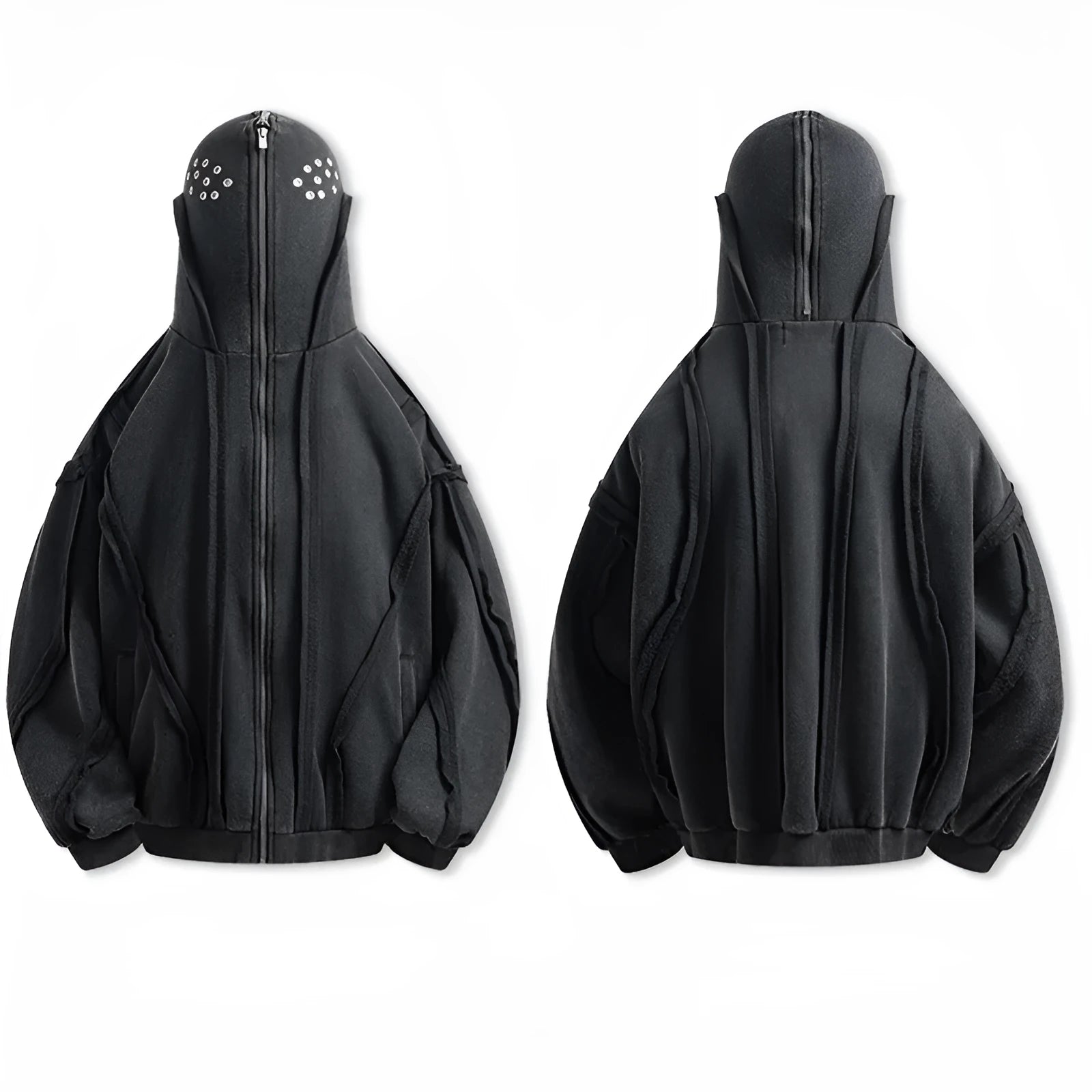 Black retro abstract pattern loose-fit zip hooded cotton coat on a hanger.
