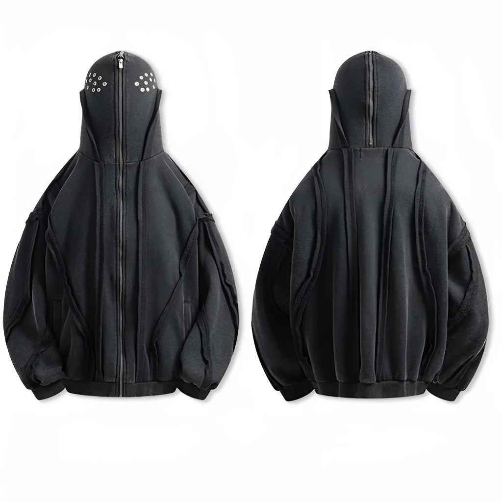 Black loose-fit zip hooded coat with an abstract pattern and padding.