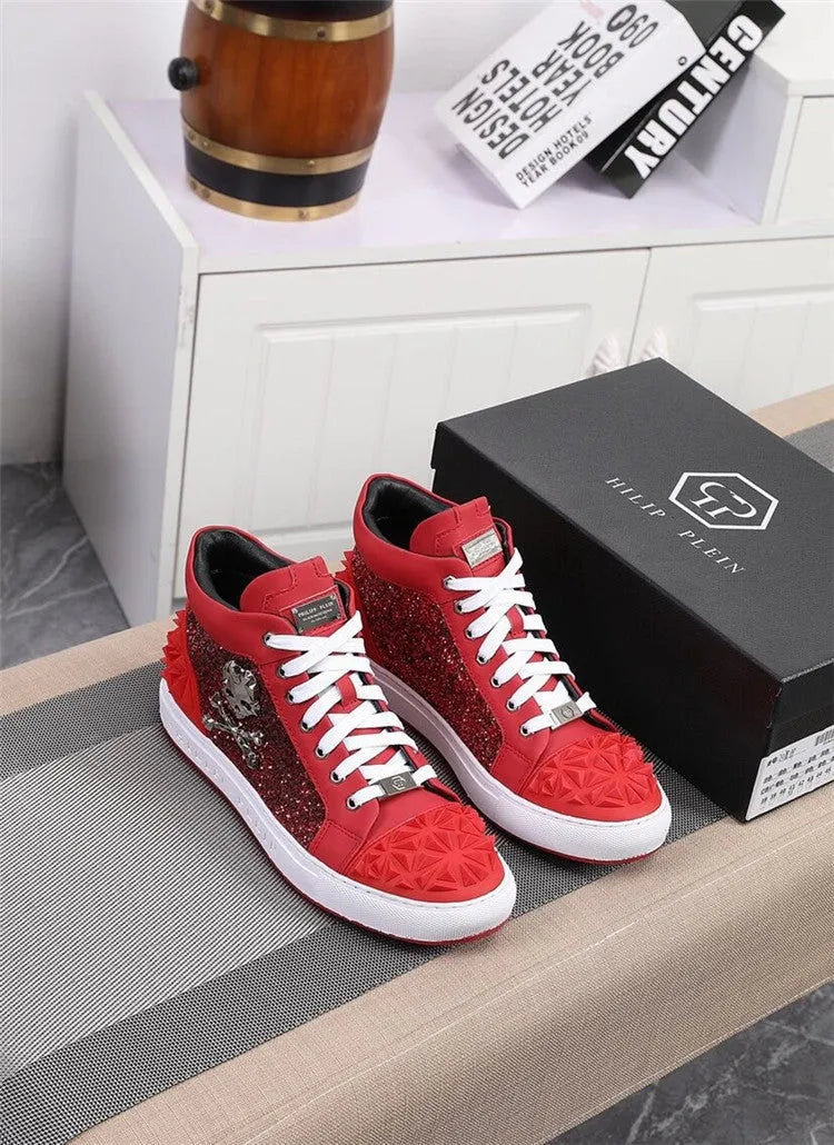 Men's black genuine leather high top skeleton shoes with red lace option