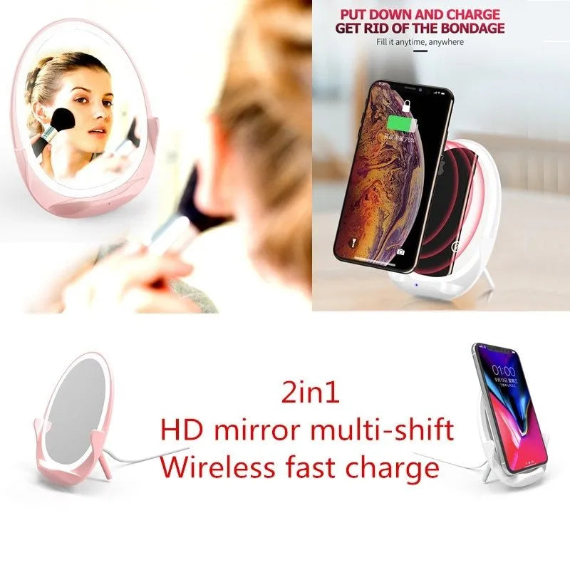White vertical wireless charger with vanity mirror and fill light, 125x94x30mm, Micro USB, 5W charging