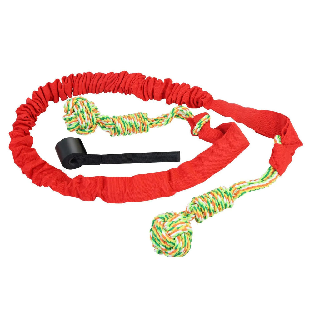 Woven cotton dog tug-of-war rope chew toy in red colour on a white background.