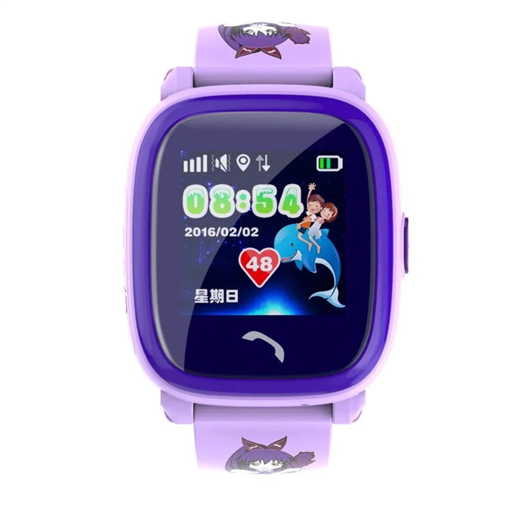 Blue children's waterproof smartwatch with touch screen and silicone wristband showing GPS tracking display