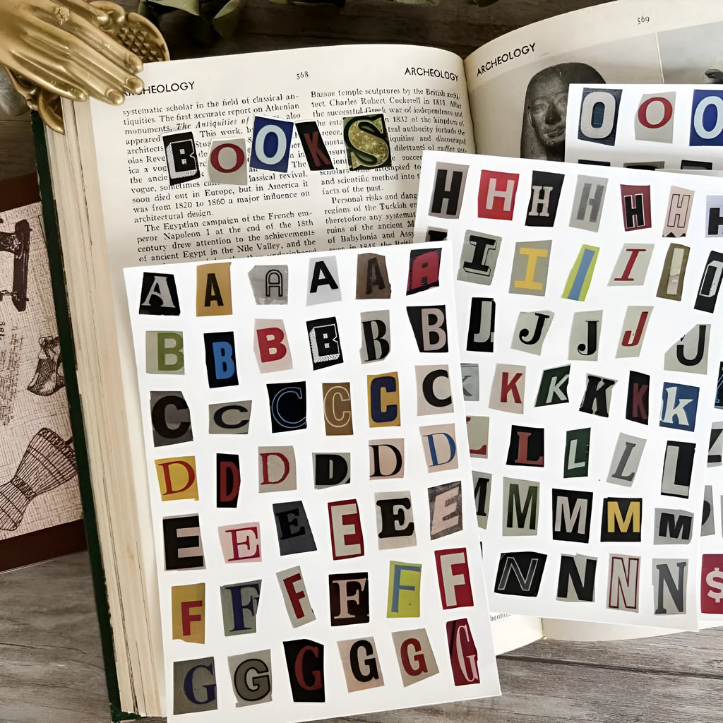 Set of decorative stickers showing English letters, numbers, and weekly words in a cute printed style.