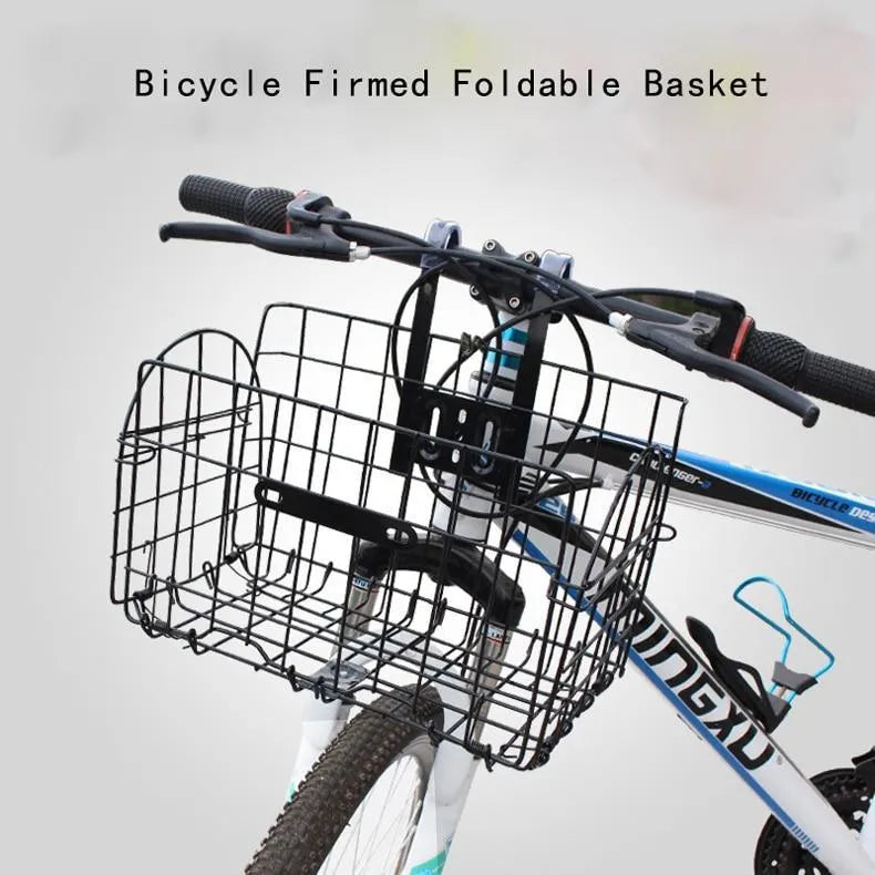 Folding steel bicycle basket in black finish with dimensions 32.5x20x22 cm for mountain road and folded bikes